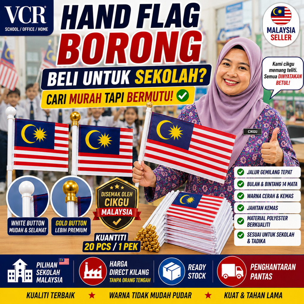 VCR Hand Flag Malaysia | Bendera Tangan Jalur Gemilang | Bendera Kecil Merdeka Sekolah Event Borong Wholesale