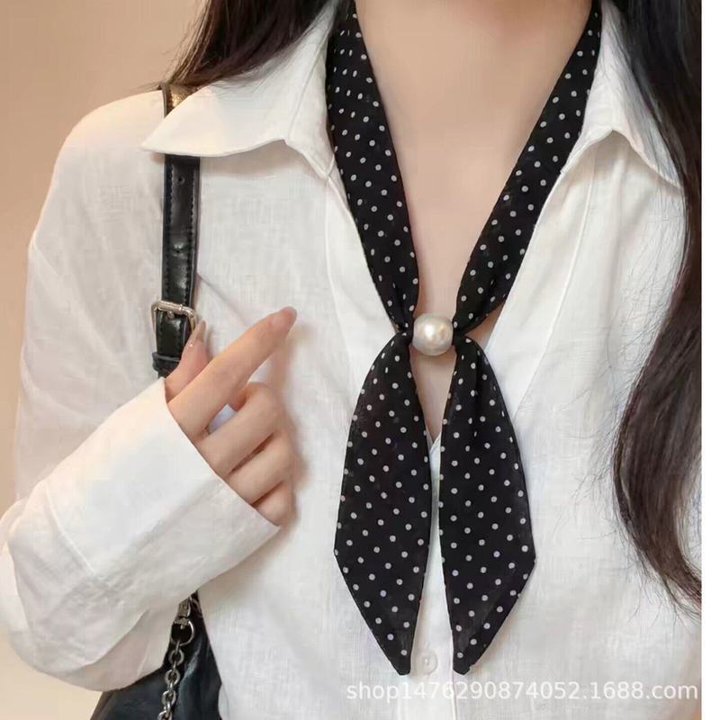 Gentle High Wisdom Style Korean Style Black Polka Dot Silk Scarf Beaded Necklace Tie Neck Women Niche High-End Design Accessories F#6