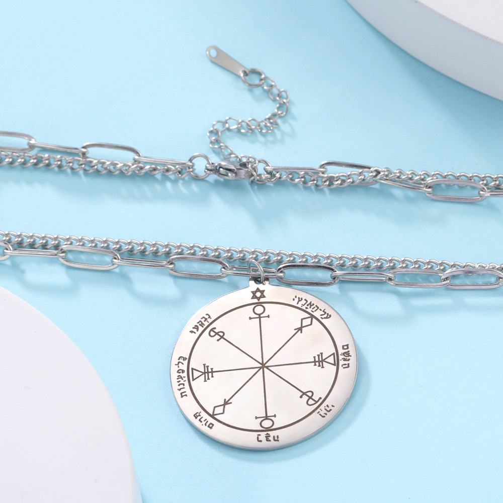 SKYRIM Key of Solomon Seal Pendant Necklace for Women Double Layer Chain Stainless Steel Pentacle Talisman Religious Jewelry