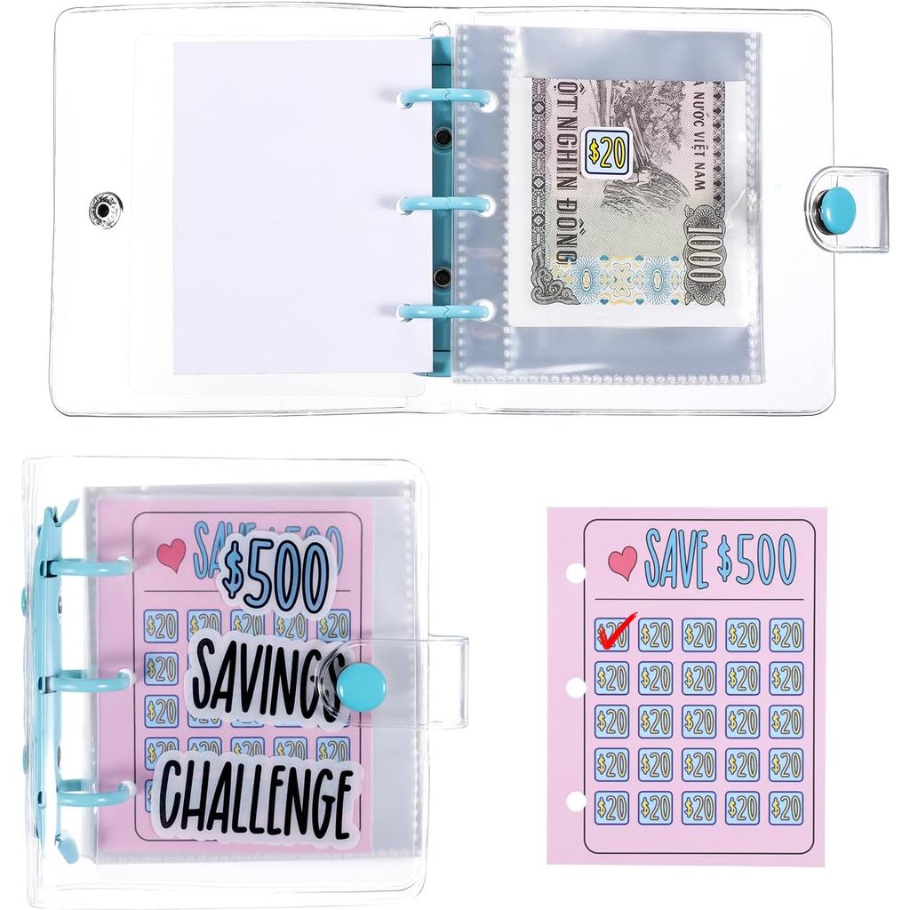 Grevosea Mini Money Saving Binder, Cabaran Penjimatan $500, Binder Bajet Boleh Digunakan Semula dengan Sampul Wang Tunai, Pengatur Wang untuk Pengurusan Belanjawan Tunai, Pejabat, Rumah, Kelas, Hadiah (Biru)