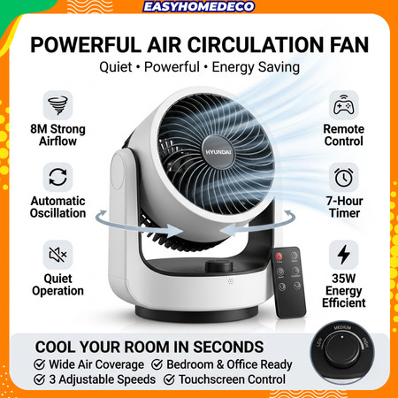 HYUNDAI Table Fan 8M Air Supply Remote Control Automatic Left Right Oscillation Desktop Fan Strong Airflow Quiet Fan 