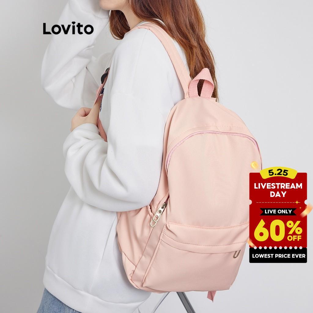 (Trendy) Lovito Preppy Backpack Plain Colorblock Double Shoulder Strap Multi-pocketed Backpacks for Women L41BA05 (White/Pink/Blue/Black)