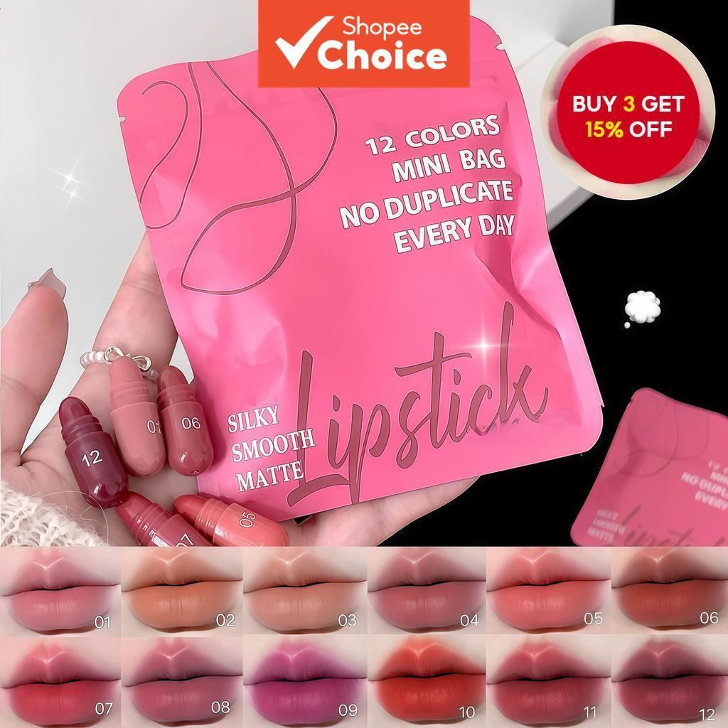 New Arrival 12-Color Mini Lipstick Set - Velvet Matte & Non-Stain, Skin-Brightening Milk Tea & Bean Paste Tones, Portable Pocket Size Lip Gloss Collection