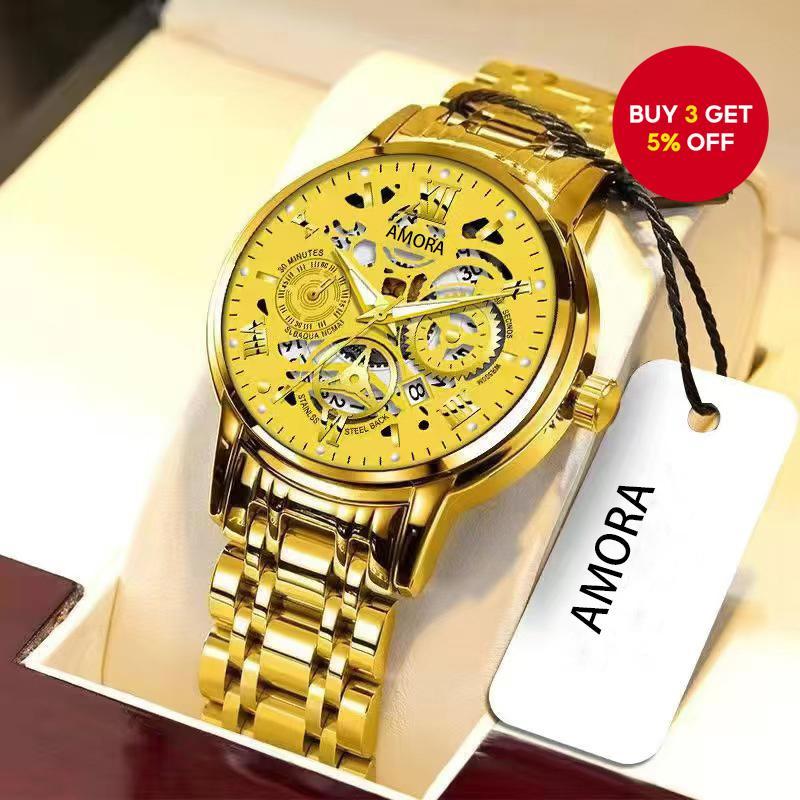 Men's Skeleton Watch, Quartz Movement, Luminous Calendar, Business Style, Black Gold-Tone