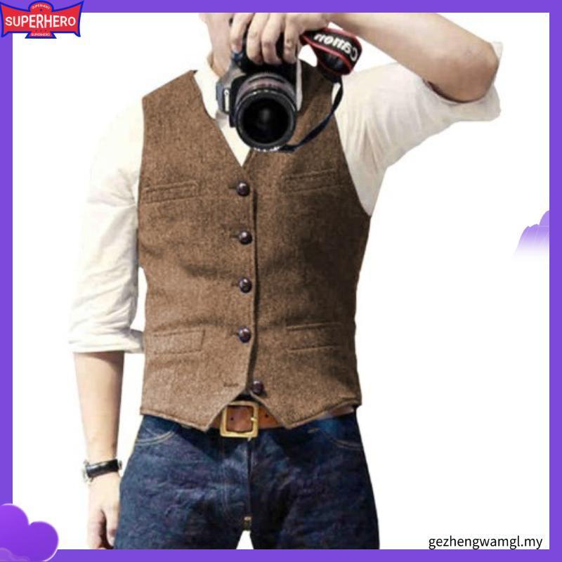 Colwao Mens Suit Vest Tweed Retro V Neck Wool Herringbone Waistcoat for Prom Single Breasted Males Dress Suit Vest Plus Size
