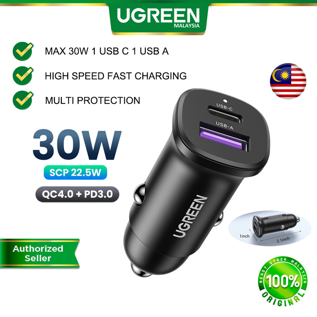UGREEN 30W/63W Dual Port Car Charger USB A USB C PD SFC Fast Charging 3.0 For iPhone 17 Pro Max Samsung S26 Huawei Oppo