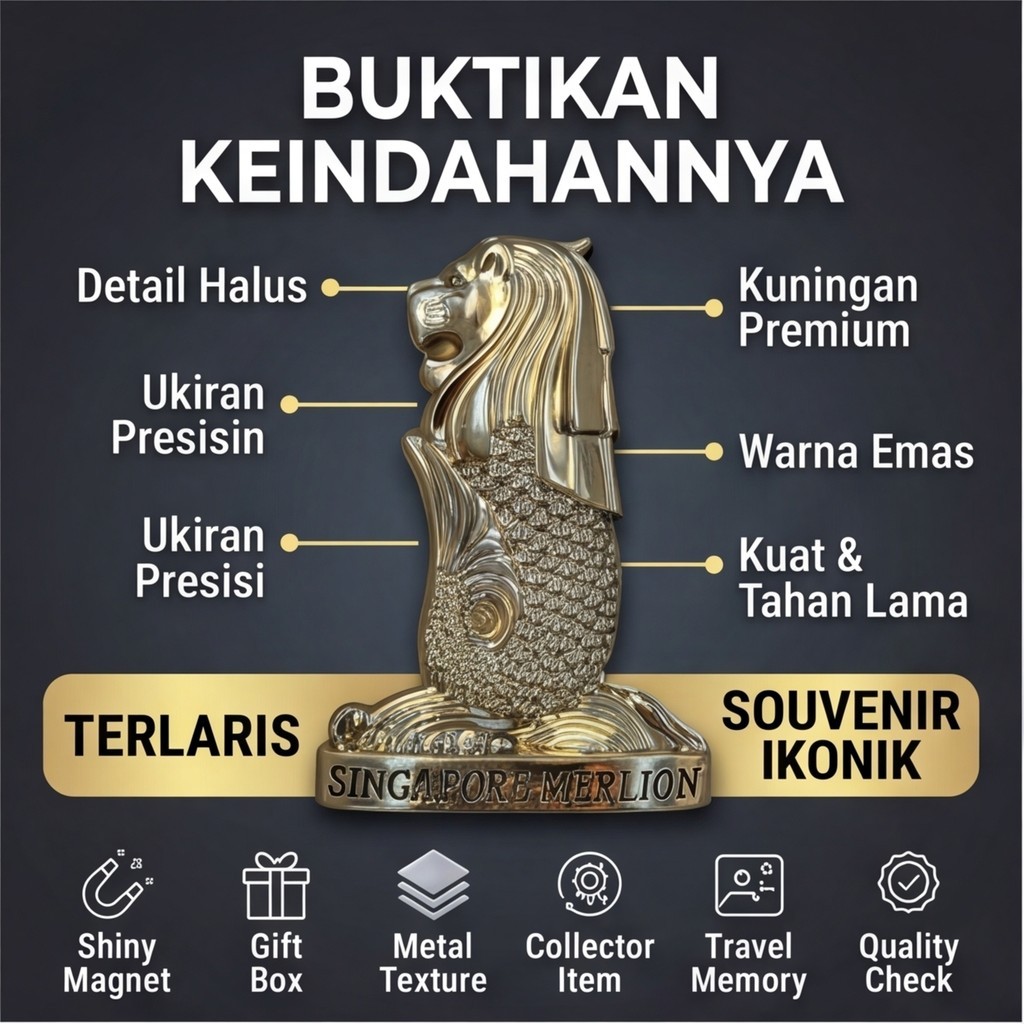 DOUBLE SIX Premium Magnet Refrigerator Merlion Singapore Alloy Gold soubenir singapura metal exclusive