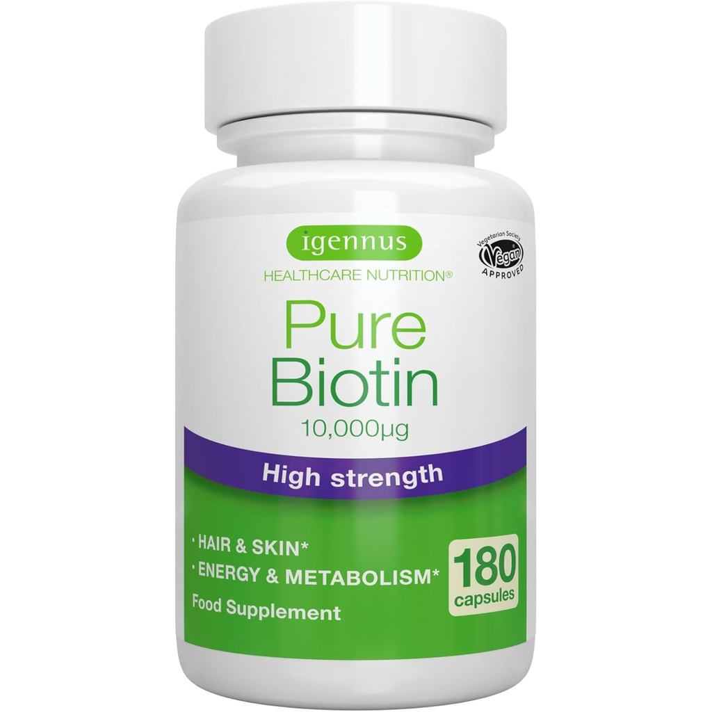 Igennus Pure Biotin 10,000 mcg, 180 Kapsul Berpotensi Tinggi, Satu Sehari, Biotin D Berpotensi Tinggi, Disahkan oleh Makmal, Vegan, Hipoalergenik