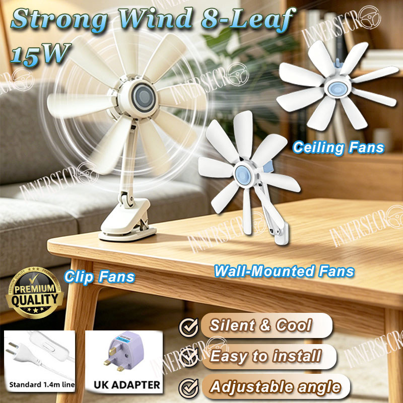 15W 8-Blade Wall Fan Home Electric Fan Wall Mounted Hanging Ceiling Table Clip Fan with 1.4m Line