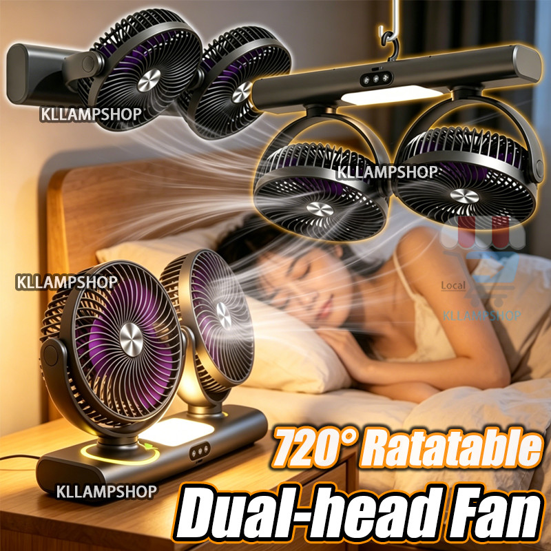 👍3000mAh Dual-head Fan with led light 720° Ratatable desk fan USB table light fan Kipas Sejuk Super strong wind fan lamp