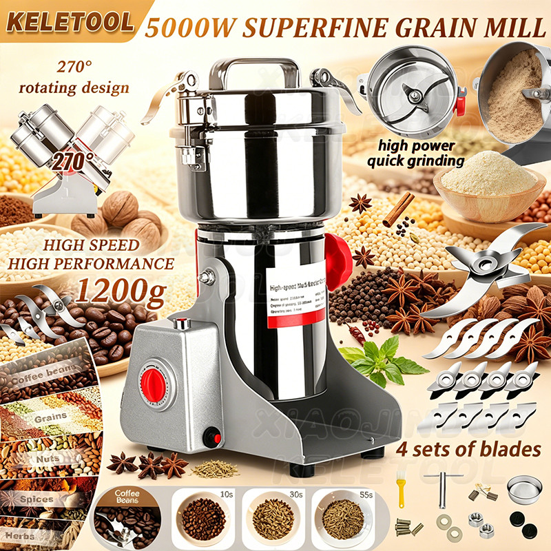 1200G Stainless Steel Dry Food Powder Grinder Machine Big Capacity Superfine Spice Crusher Mesin Pengisar Rempah Serbuk Kisar Cili Kering 1800G Grain Herb Coffee Milling Pulverizer