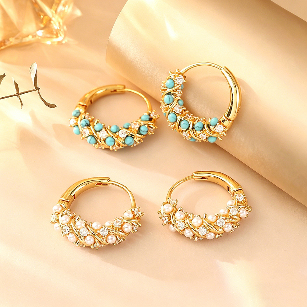 French Light Luxury Diamond Pearl Earrings Gentle Temperament High-End Earrings Natural Turquoise Zircon Earrings Tassel