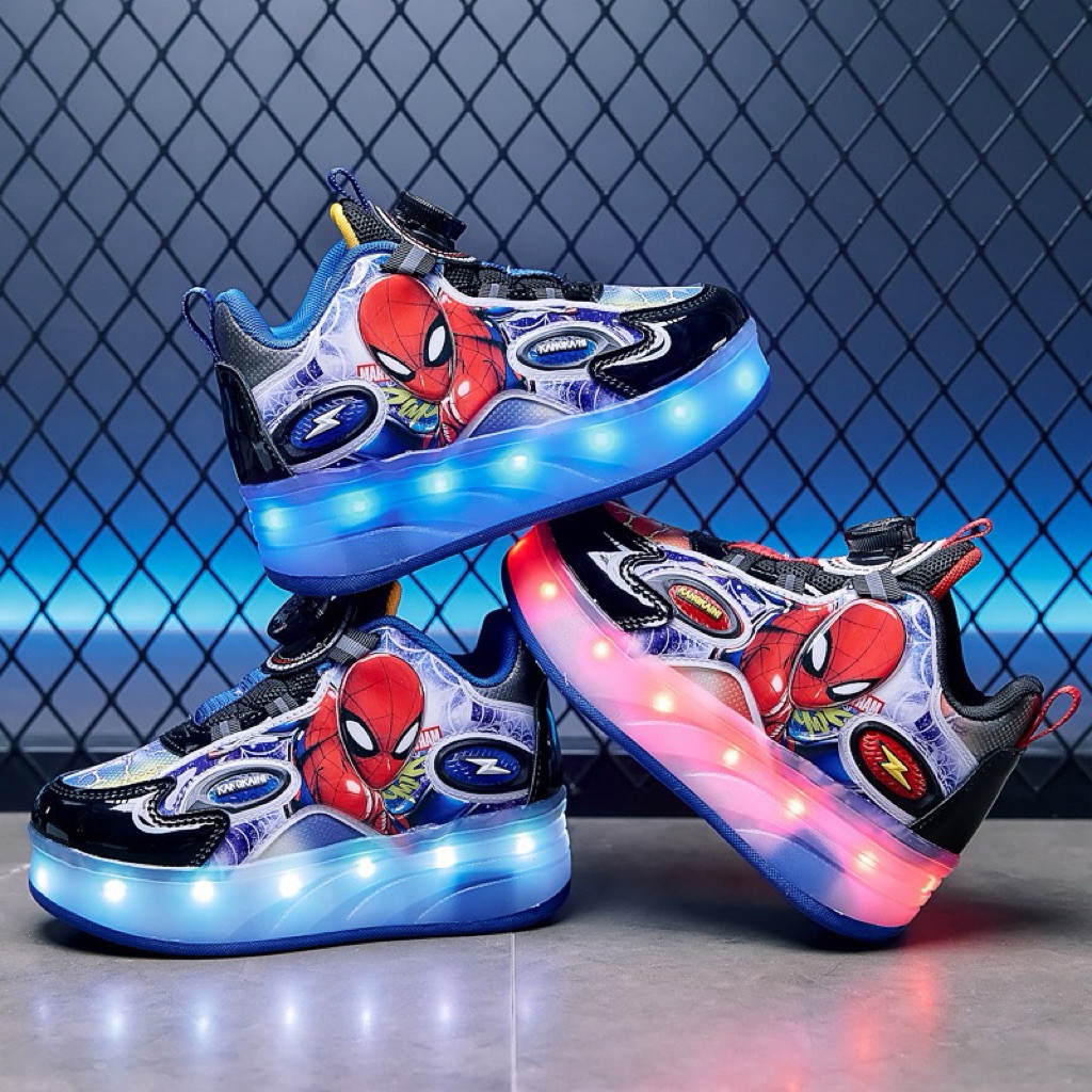 Cartoon Spider Hero Two-Wheel Children's LED Light Roller Skate Shoes for Boys Glowing Sports Luminous Sneakers