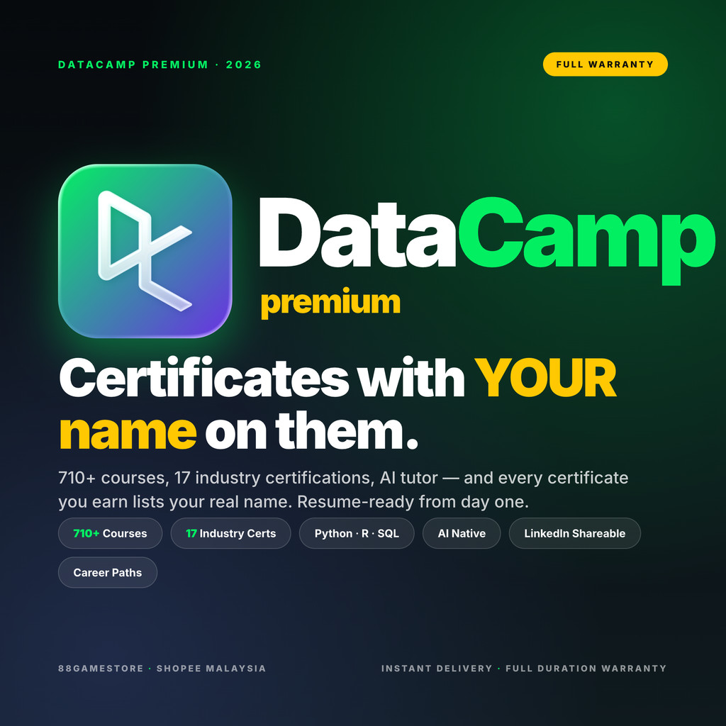 DataCamp Premium Account | Certificates with YOUR Name | Python · R · SQL · AI · Power BI | 710+ Courses