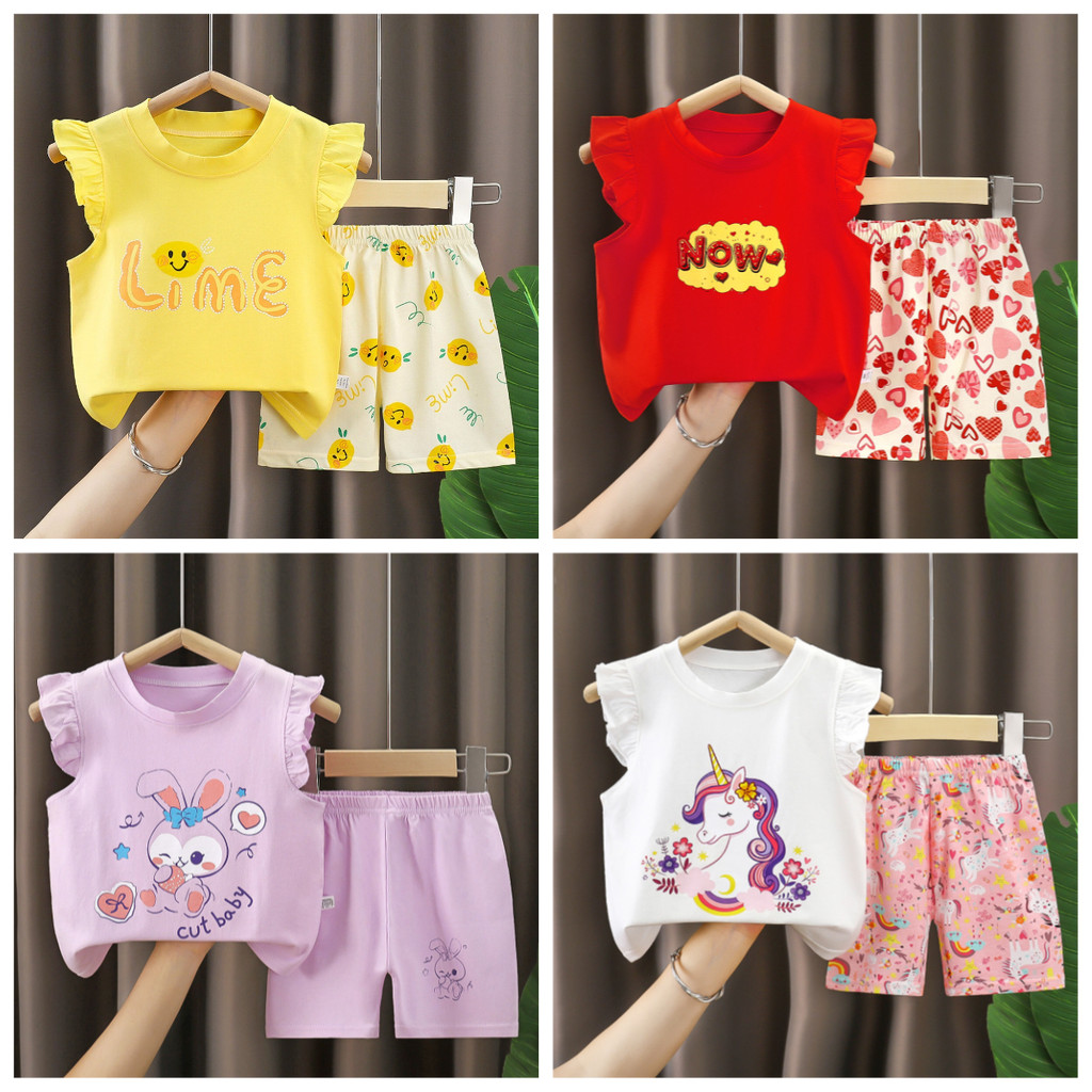 EY KIDS Budak Baju Perempuan Tanpa Lengan Baby Girl T-Shirt Cute Unicorn Top + Bottom Set