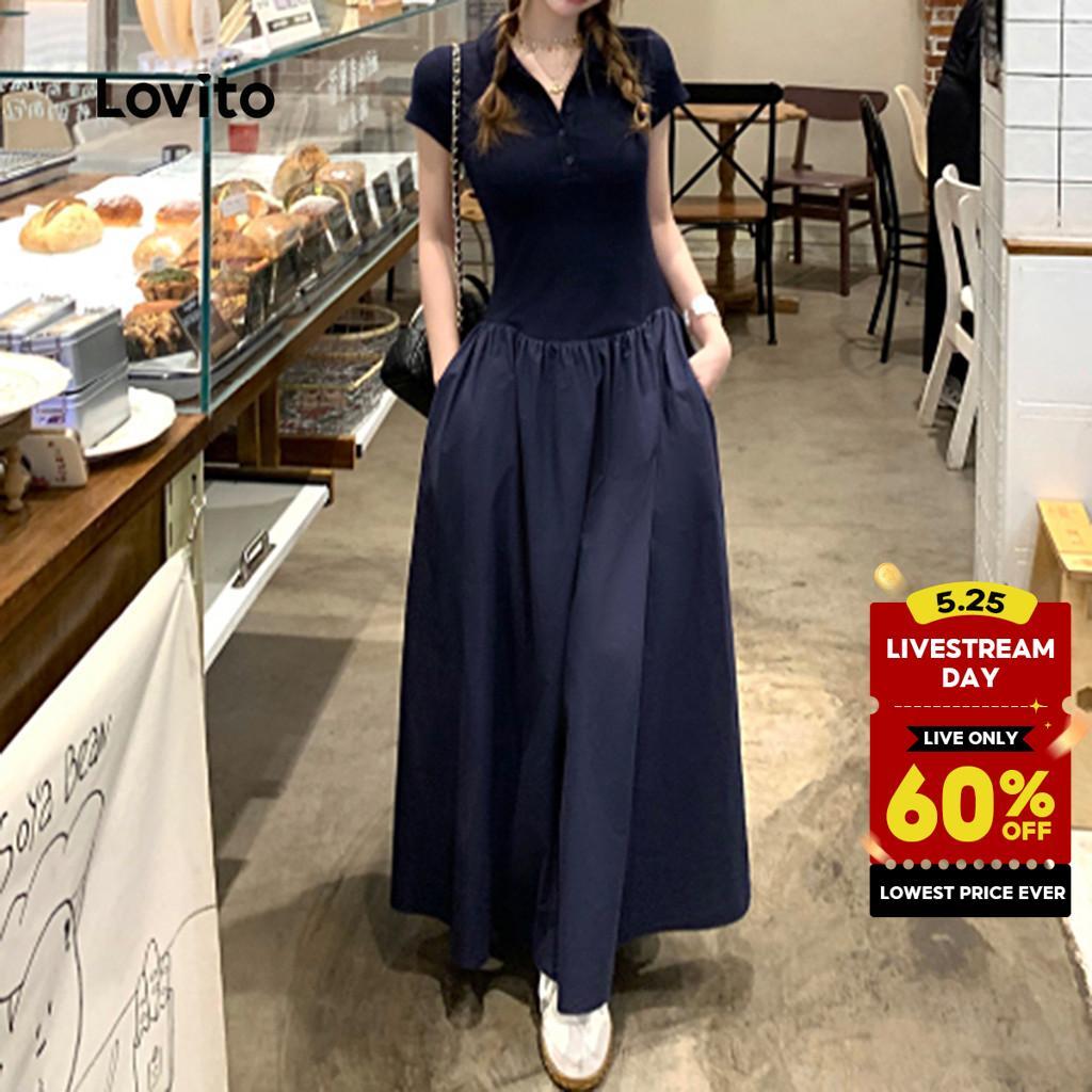 Lovito Casual Dress Fabric Stitching Structure Line Spring/summer Navy Blue Dress for Women Plus Size Friendly L152ED023 Lovito Gaun Kasual Fabrik Jahitan Struktur Garisan Musim Bunga/musim Panas Gaun Biru Laut Untuk Wanita Mesra Saiz Besar L152ED023