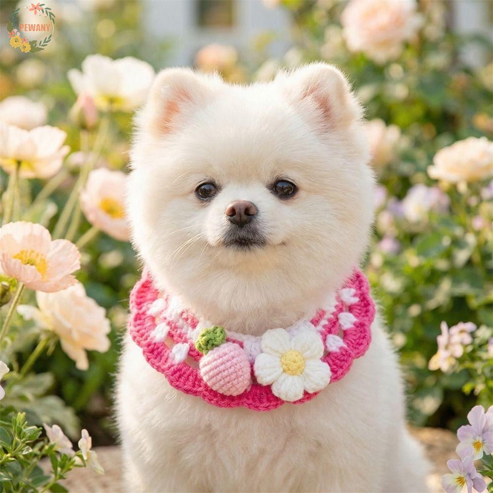 PEWANY Flower Pet Scarf Bib, Decorative Handmade Cat Strawberry Collar, Pet Accessories Sweet Adjustable Cozy Cat Woven Bib Photo Shoots