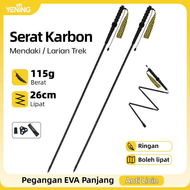 Tongkat Larian Trak Ultra Tongkat Mendaki Karbon Fiber Lipat 115g, 26cm Lipatan Muat Dalam Beg, Pemegang EVA Panjang & Hujung Tungsten Anti Licin untuk Merapoh Trail & Hiking Stok Tempatan