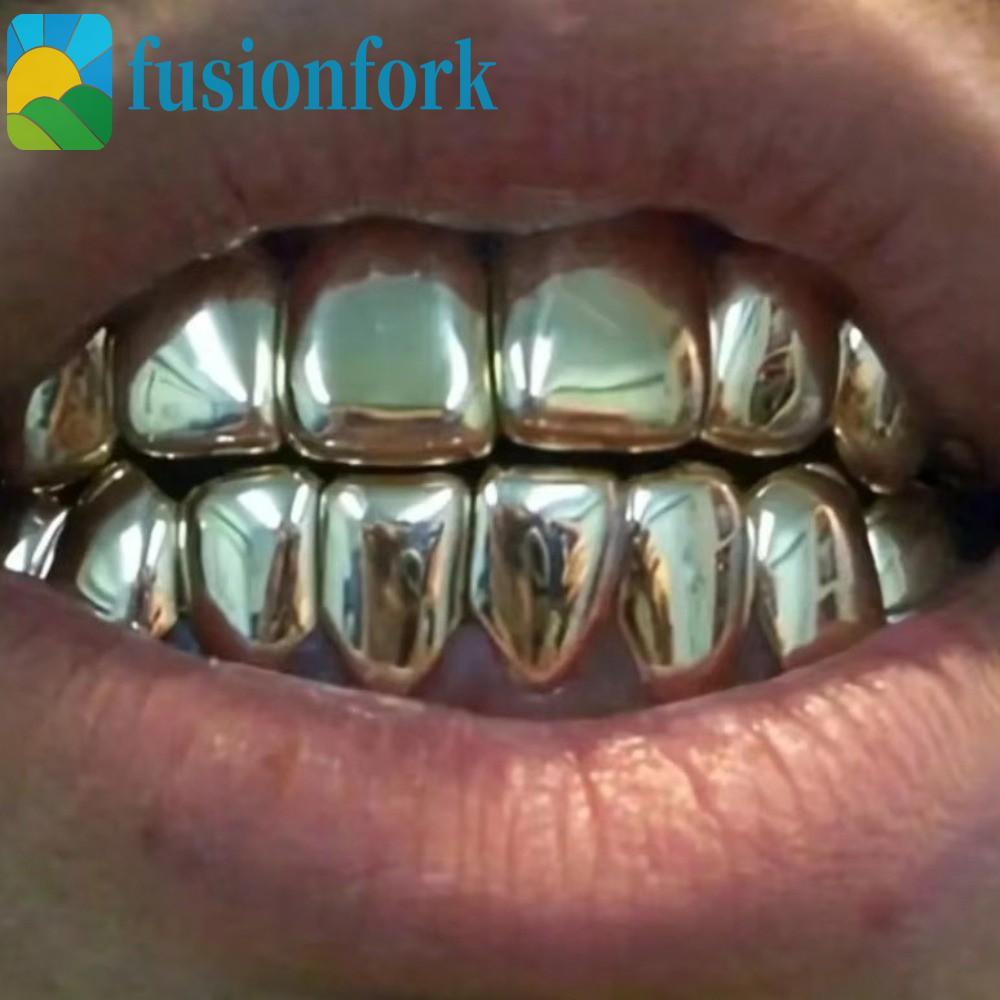 FUSIONFORK​ Teeth Grillz Top Bottom Set, Eco-friendly Copper Anti Slip Teeth Grillz Caps, Fashion Gold Silver Shiny Teeth Jewelry Events