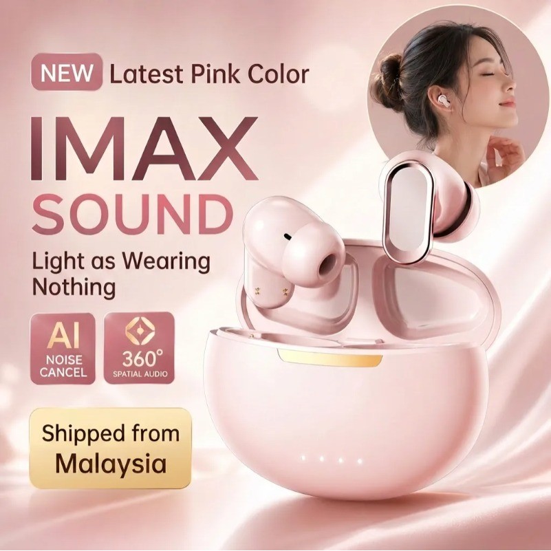Pink Bluetooth Earbuds, AI Noise Cancelling, 360° Spatial Audio, Fon Telinga Wireless, Compatible with Android & iPhone