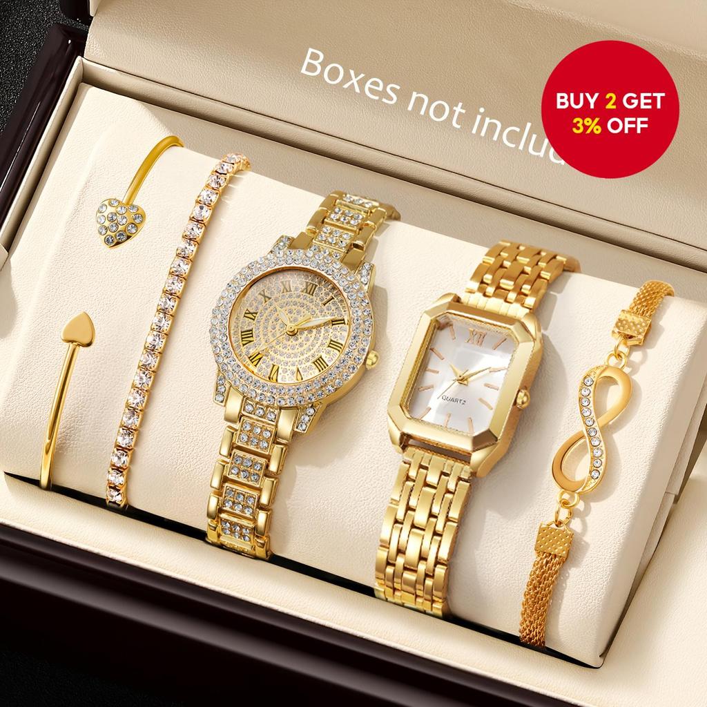 5pcs Womens Watch Set Elegant Bracelet Watches Rhinestone Roman Dial Quartz Wristwatch Jewelry Collection No Box