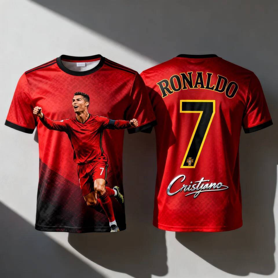 2026 Cristiano Ronaldo No.7 football short-sleeved jersey in ChatGPT AI style. For both adult and children fans. Summer football training top. Comfortable sports clothing.