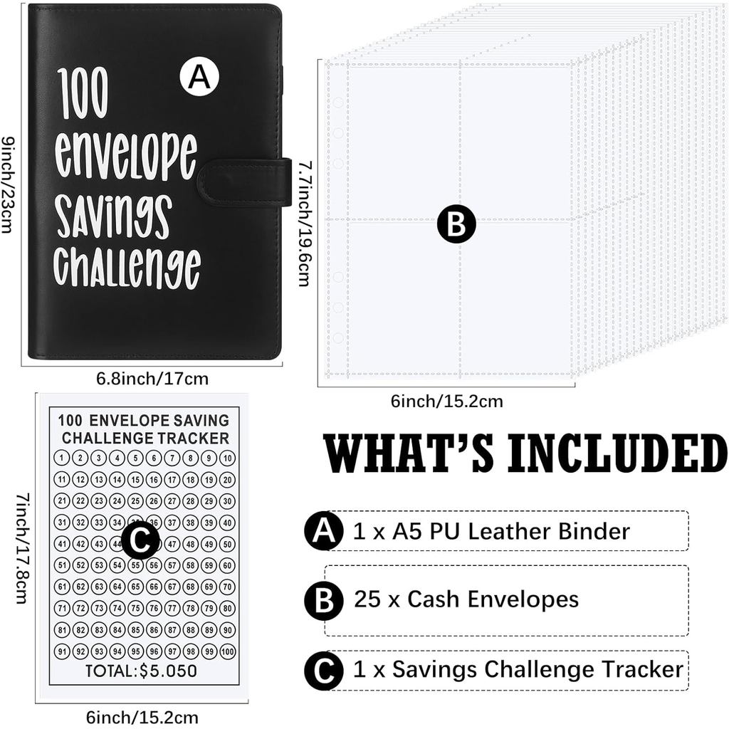 Jetec 100 Envelope Moneys Saving Challenge Envelopes Challenge Binder dengan Sampul Wang Tunai A5 Cabaran Penjimatan Wang Bajet Cara Mudah dan Seronok untuk Menjimatkan $5,050, $500, dan $10.