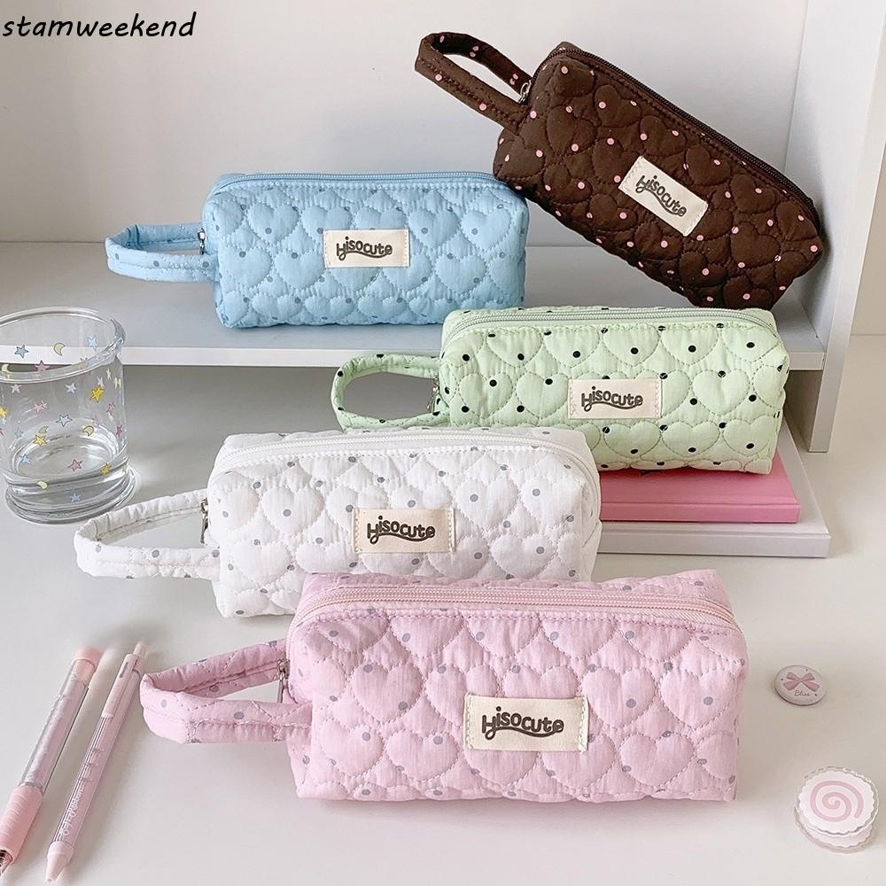 STAMWEEKEND Korean Dots Stationery Bag, with Lanyard Desktop Storage Love Pencil Case, Makeup Cosmetic Storage Love Heart Pen Bag Large Capacity Cloth Pencil Pouch Office