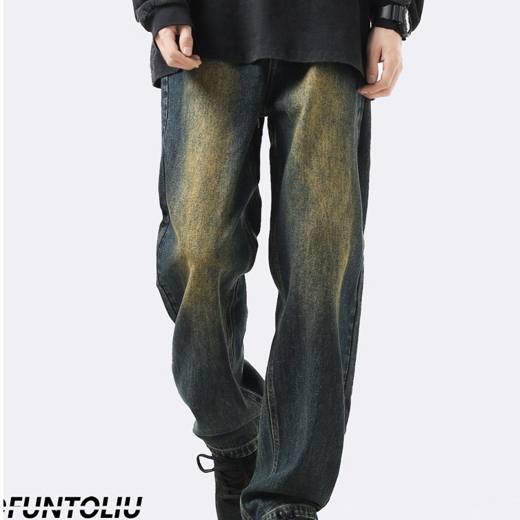 Men's harem jeans loose denim baggy jeans Street Wear Autumn Yellow Mud Dyed Distressed Fleece-Fle