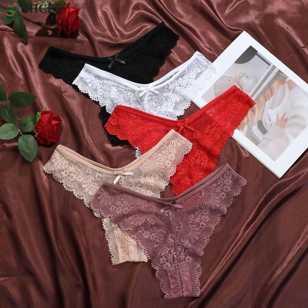 SHCER Women Lace Flower Briefs, Cotton Crotch Low Waist Lace Thong Panties, Comfortable Traceless Sheer Invisible Floral Underpants Daily Wear
