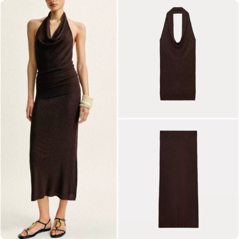 Halterneck Top with Metallic Thread Detailing - Ribbed Knit - Summer Fashion