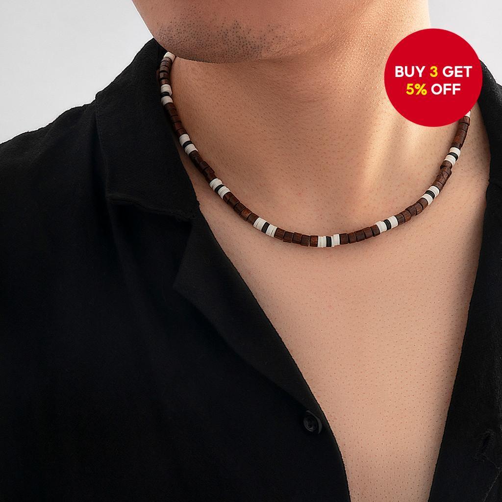 Trendy Small Wood Beads Short Choker Necklace for Men Stylish Beaded Chain Neck Accessory