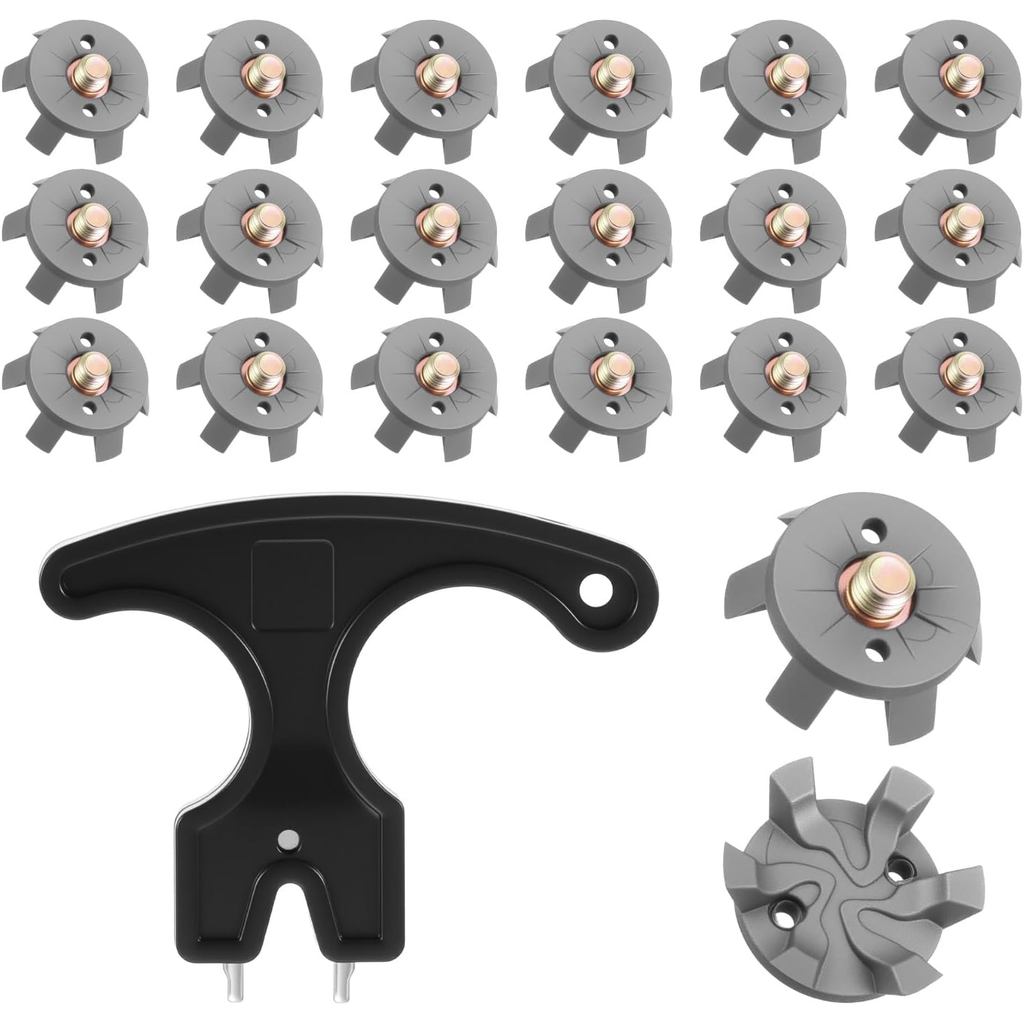 Set 21PCS Paku Golf Perak Kelabu Termasuk 20PCS Paku Kasut Golf Lembut Pengganti dan Spanar Cleat Hitam, Skru Benang Logam Diameter 6mm Alat Cleat Golf untuk Permainan Kasut Kriket di Rumput