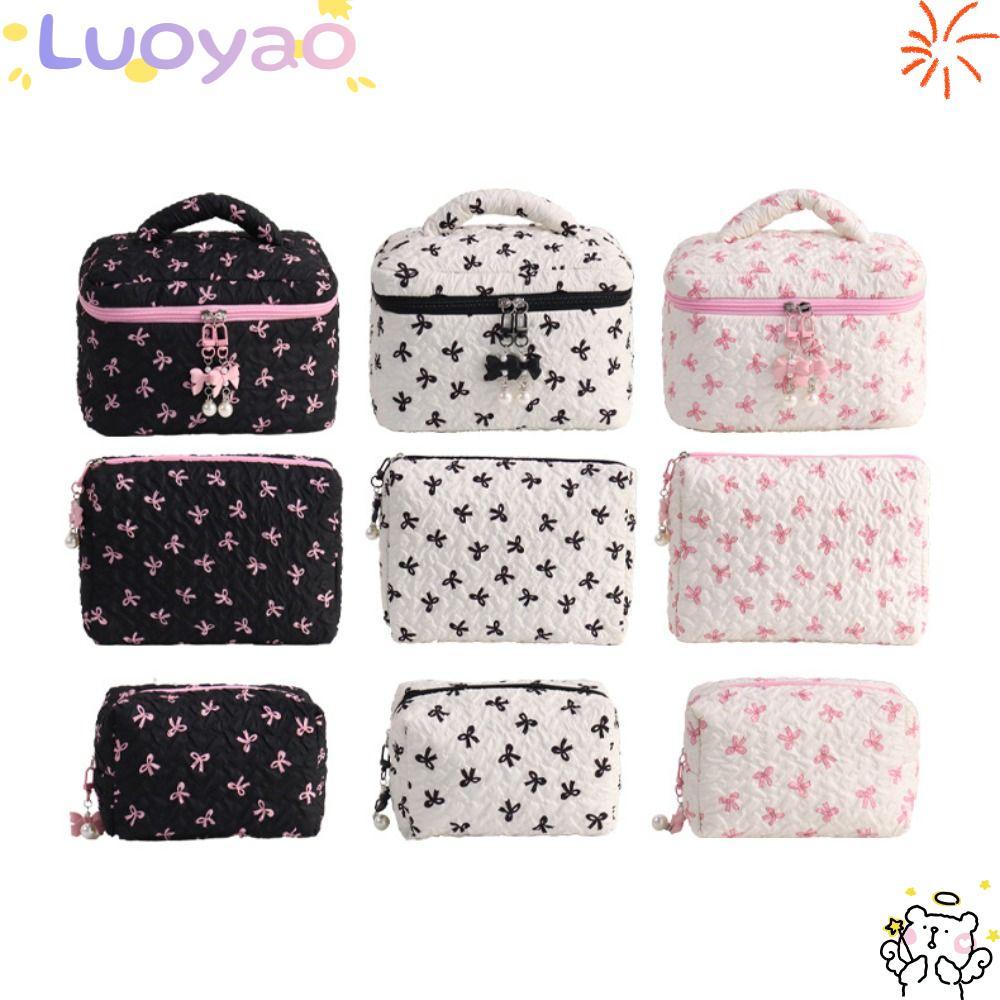 LUOYAO1 Makeup Bag, Large Capacity Bowknit Print Cosmetic Bag, Fashion Pink Color Jewelry Lip Organizer Travel