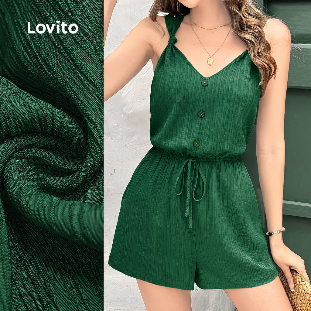 Lovito Casual Jumpsuit Button Front Pleated Spring/summer Dark Green Jumpsuit for Women L177ED047 Lovito Casual Jumpsuit Butang Hadapan Berlipat Corak Musim Bunga/musim Panas Hijau Gelap untuk Wanita L177ED047