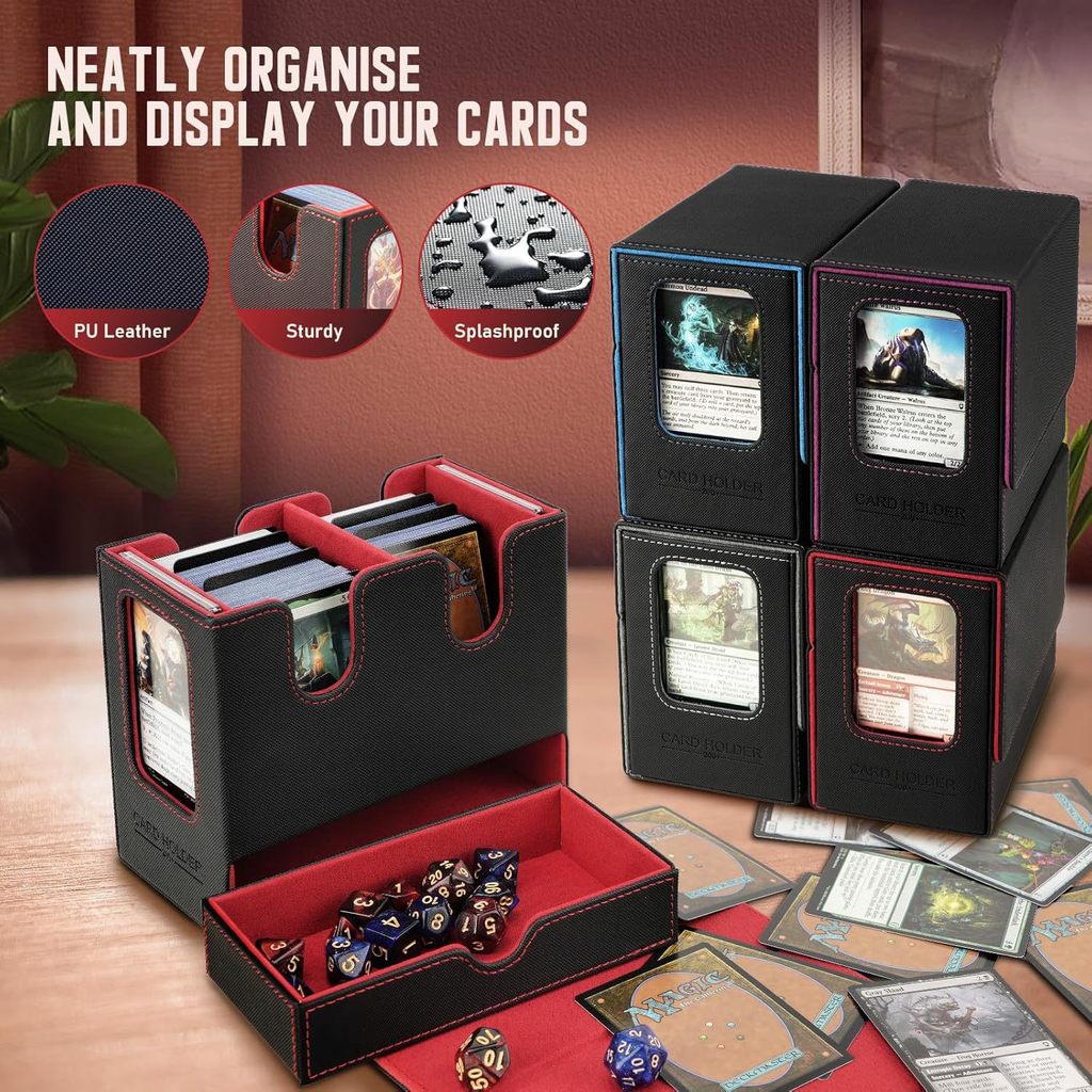 3 In 1 Card Deck Box Magnetic PU Leather Trading Card Container with Drawer Double-window Design Fits 100+ Cards