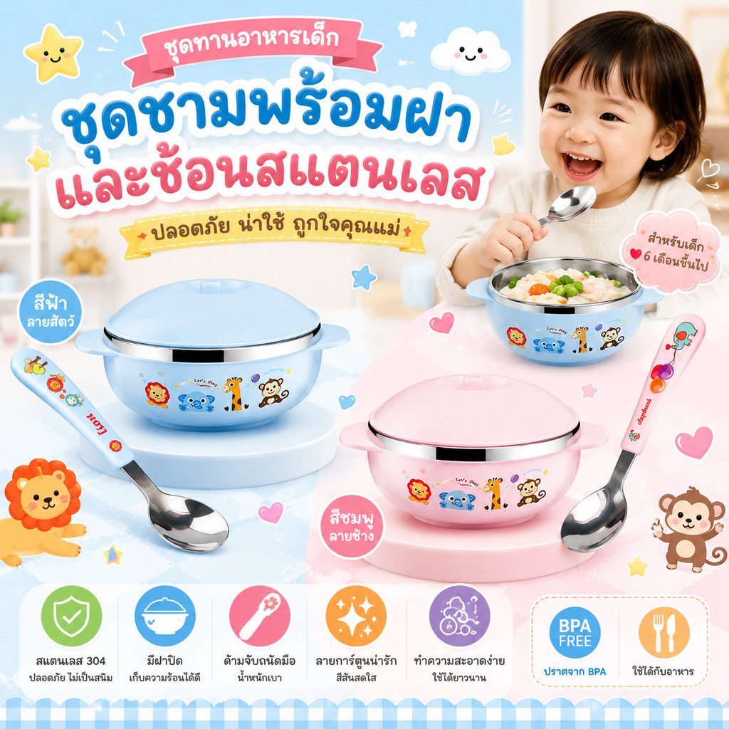 LICIA Children's Rice Plate Set Stainless Steel 304 Grill Bowl Food Cup Cute Cartoon Pattern Practice Eating Yourself There Are Spoons/Forks/Chopsticks To Choose From.