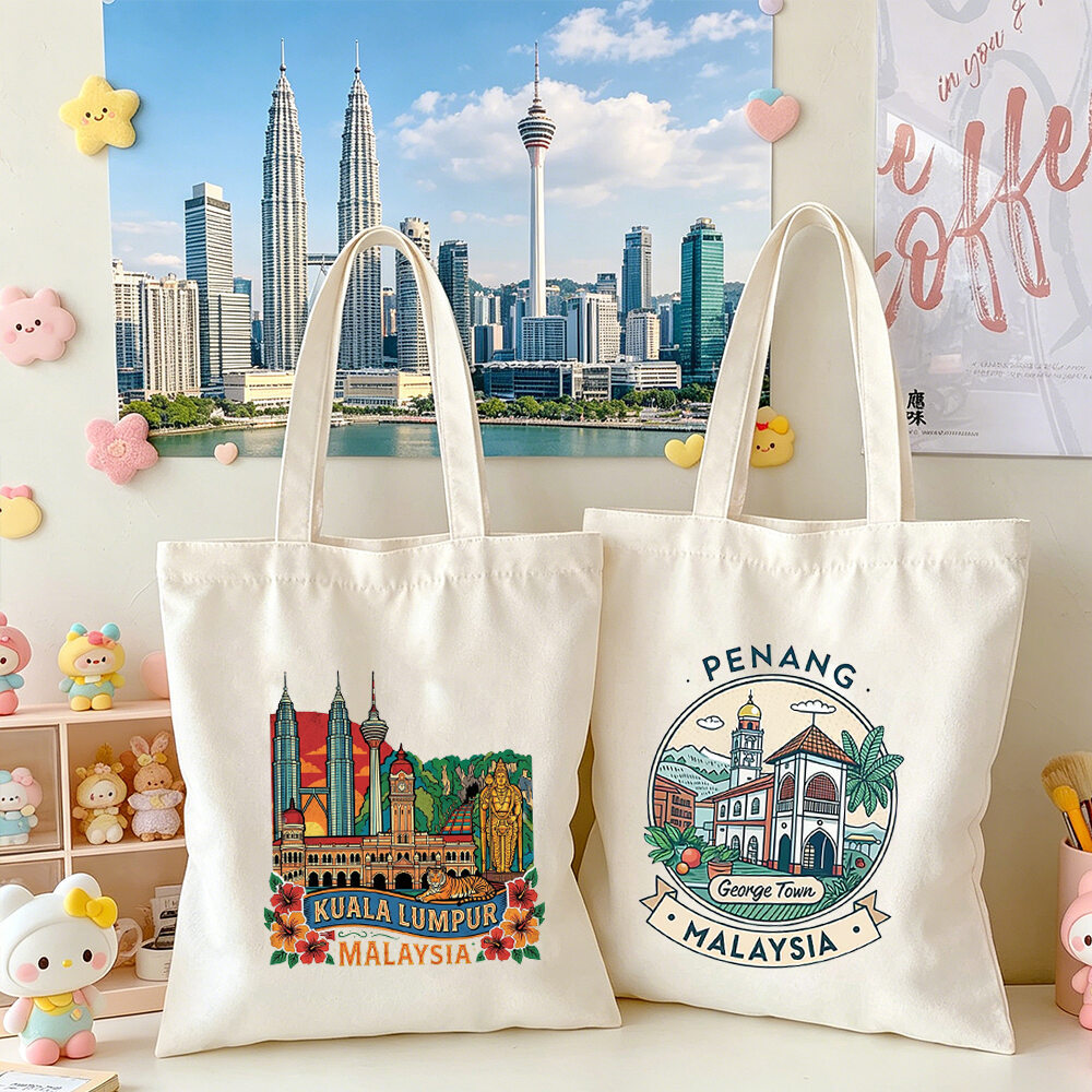 Kuala Lumpur Penang Malaysia Landmark Canvas Tote Bag Merdeka Day Gift Twin Towers George Town Print Large Eco Shoulder Bag Reusable Shopping Handbag Student Book Bag W