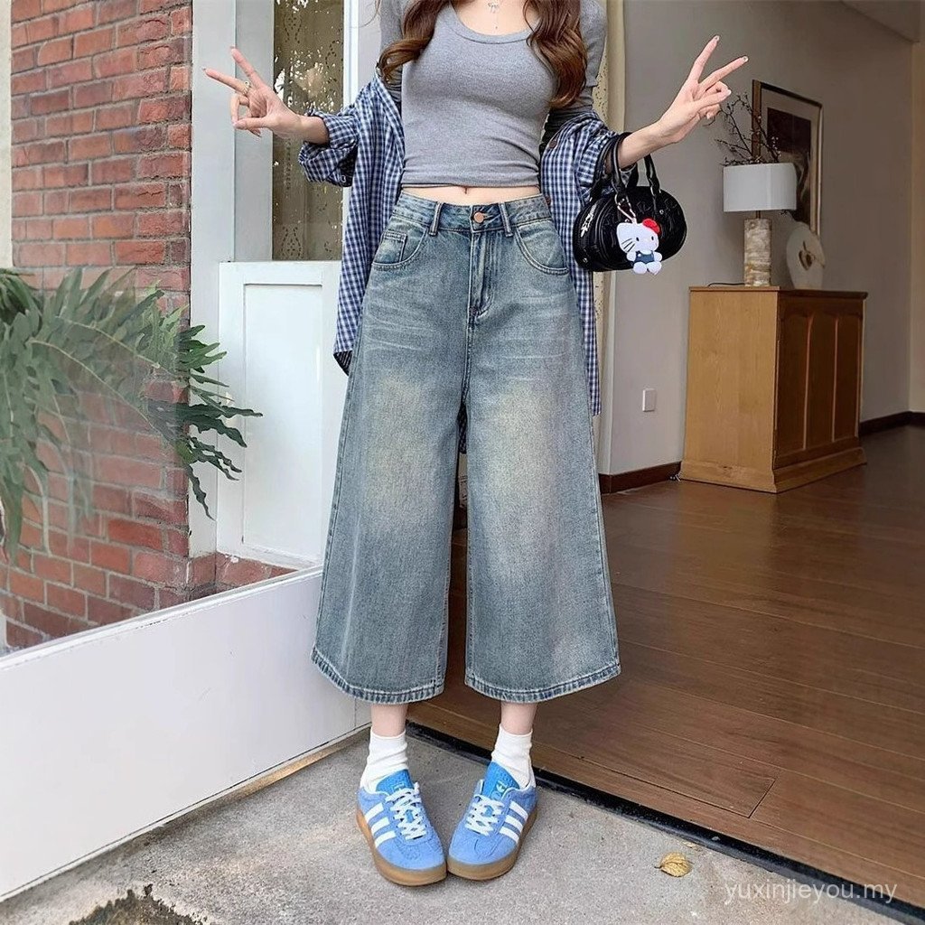 Cropped Denim Shorts - Thin American Style, High-Waisted, Large Size