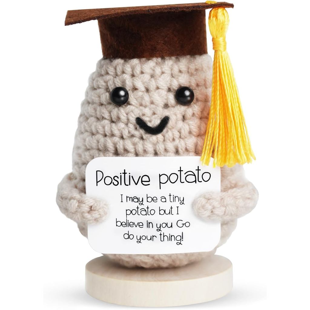 Kentang Positif dengan Topi - Hiasan Boneka Kentang Positif Bertema dengan Kad Mesej Inspirasi, Hadiah Motivasi untuk Graduan, Rakan, Keluarga, dan Rakan Kerja, Hiasan Rumah & Pejabat