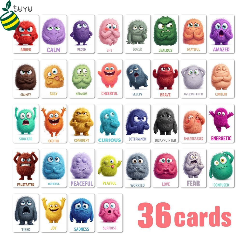 36Pcs Kids Emotion Flash Cards Little Monster Feelings Flashcards Toddler Educational Learning Toys Psychological Social Emotional Learning SEL Teaching Aids Therapy Material