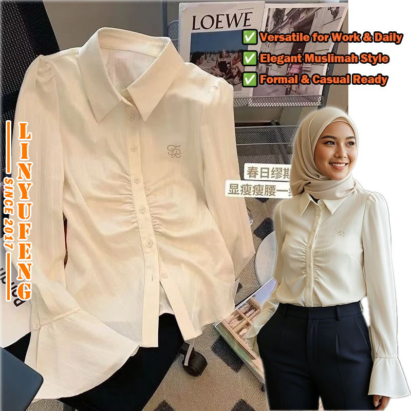 Linyufeng Tunic Blouse Women Outfit Korean Style Student White Blue Classy ironless Ladies Slim Waist Pleated Long Bell Sleeve Shirt Baju Kemeja Putih Biru Perempuan Wanita Terkini Murah Cantik Raya 2026
