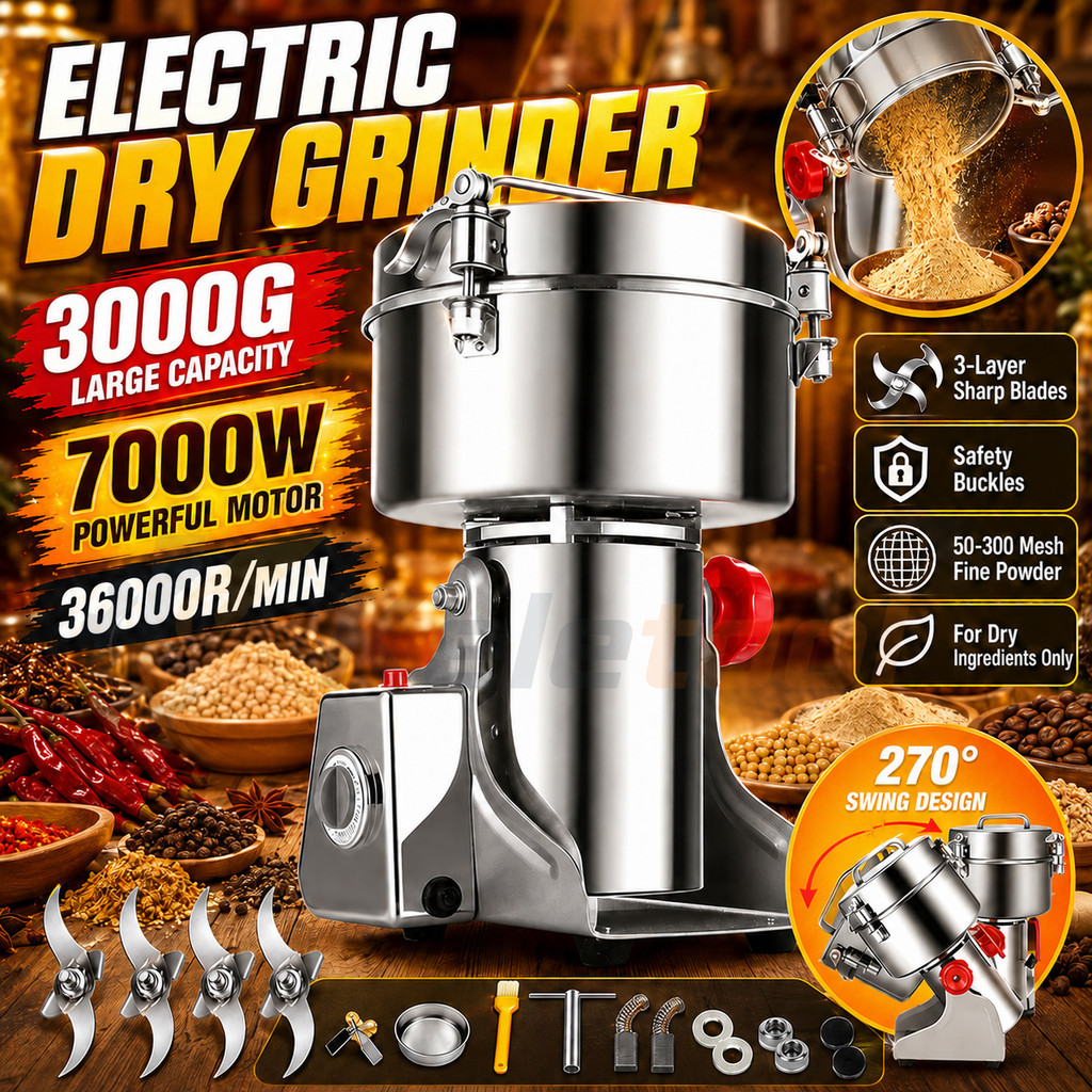 Stainless Steel Dry Mill Grinder 3000G Dry Food Powder Grinder Miller Coffee Herbs Mesin Pengisar Kering