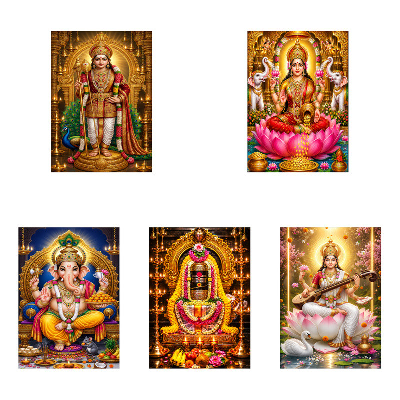 Hindu Gods Spiritual Poster Set, Saraswati Lakshmi Ganesha Shiva Lingam Murugan Wall Art Decor