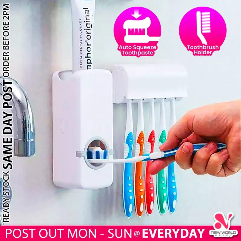 ( ONE TOUCH ) FREE 5 Toothbrush Slot Holder Toothpaste Shaver Dispenser Squeezer Wall Mount Toothpaste Holder