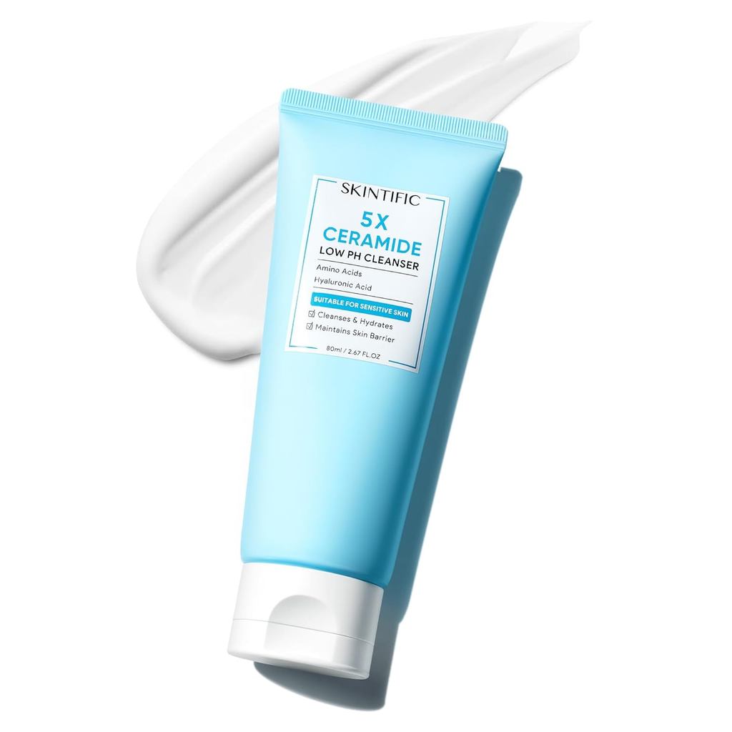 SKINTIFIC 5X Ceramide Low pH Facial Cleanser, Gentle Hydrating Face Wash with Hyaluronic Acid, Daily Face Wash for Dry to Normal Skin, Sensitive Skin Tested, Not Tight, Fragrance F