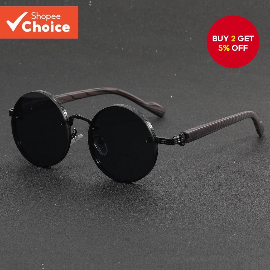 Round Sunglasses Black Frame Wood Temple Retro Style Christmas Gift