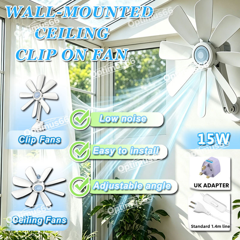 8 Blades Wall Fan 15W Home Electric Fan Wall with 1.4m Line & 3-Pin Adapter Wall Mounted Hanging Ceiling Table Clip Fan