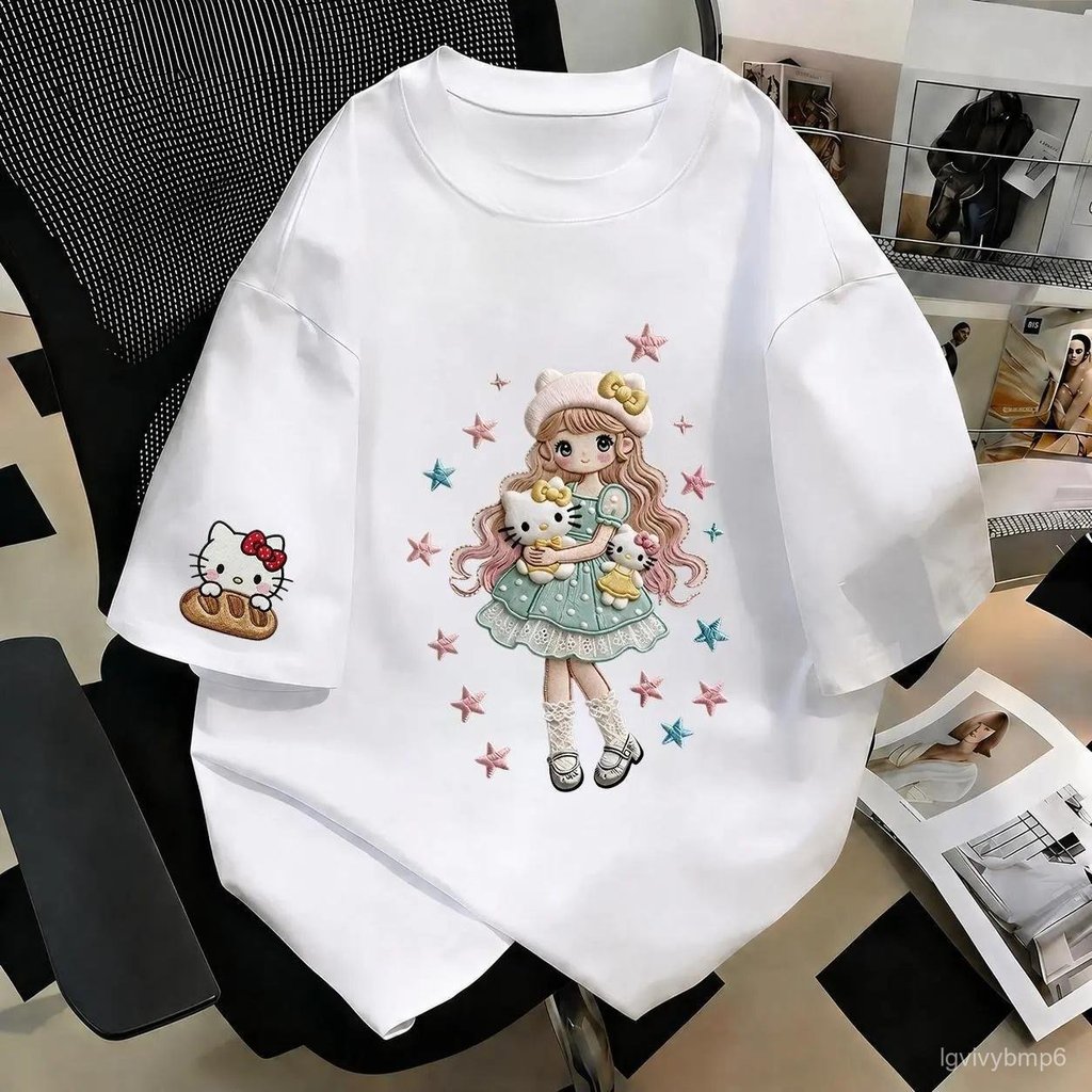 T-shirt leher bulat, gaya ringkas, bercetak dengan cetakan bersulam (bukan sulaman sebenar), T-shirt bercetak, leher bul