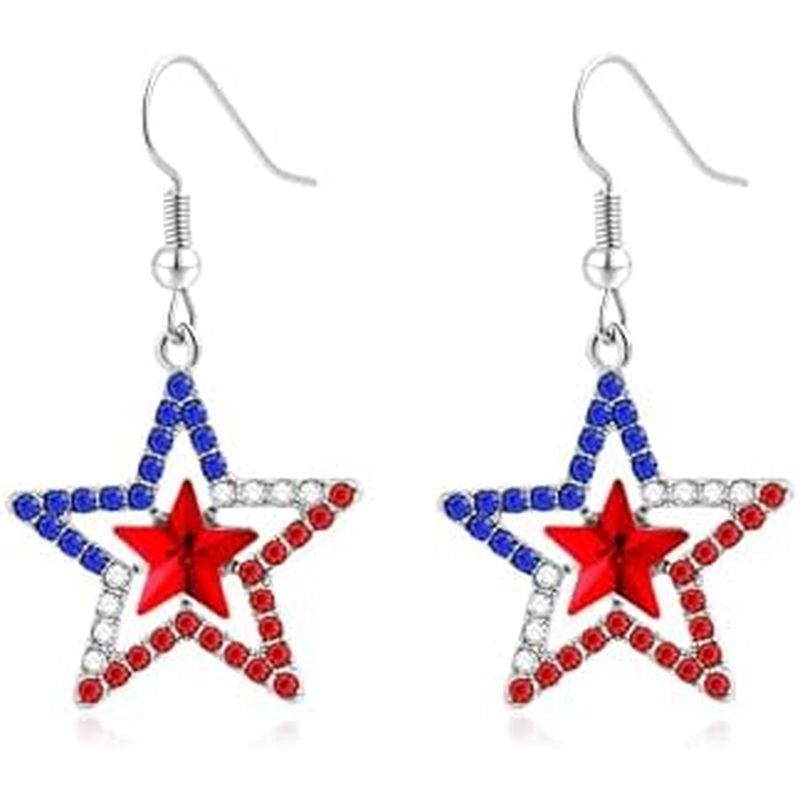 July 4th Female Earrings Star-Shaped Dangling Patriotic Earrings American Flag, Red White Blue Cube Zirconia 250th Anniversary American Merchandise American Independent Japanese Products